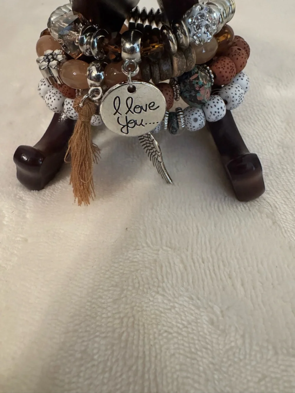 Boho Beaded Multi-Strand Charm Bracelet - I Love You Pendant - Brown & White - Picture 4 of 4